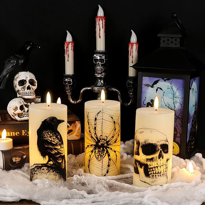 Eldnacele Halloween Flickering Candles Remote with Skull, Spider Web, Crow Raven Decals Set of 3, Battery Operated Halloween Themed LED Candles Horror Spooky Decoration
