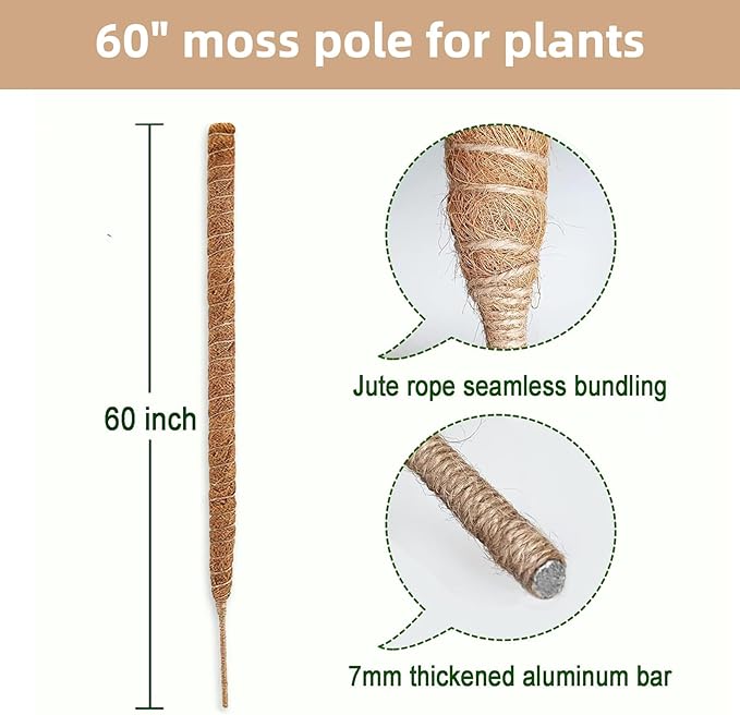 60 Inch Moss Pole for Plants，Bendable Moss Pole for Plants Monstera，Handmade Coir Plant Support Stakes for Potted Plants, Pothos