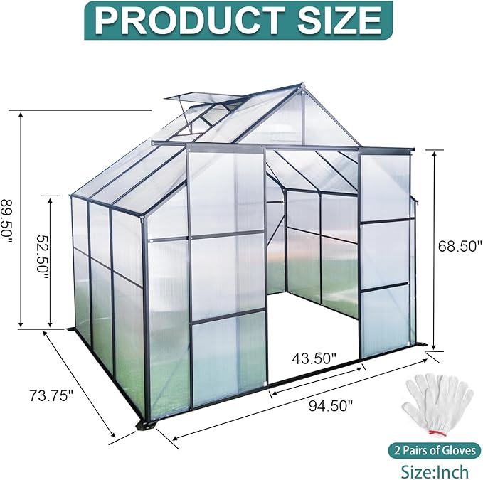 8X6 FT Greenhouses for Outdoors,Double Sliding Door Polycarbonate Greenhouse,Heavy Duty Walk-in Greenhouse, Drainage System & Galvanized Frame for Garden Backyard, Black