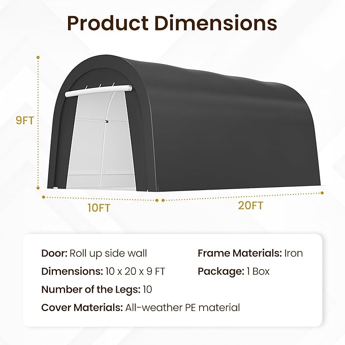 10'x20' Carport, Outdoor Round Portable Garage with 2 Roll up Doors, Heavy Duty Storage Shelter Car Canopy Party Tent, Dark Gray