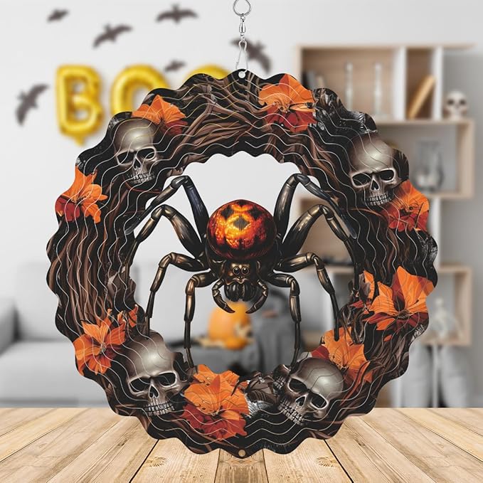 Spider Metal Wind Spinner 3D Hanging Halloween Wind Spinners Decor Skeleton Skull Metal Wind Spinner for All Saints' Day Party Yard Garden Outdoor Indoor Decor