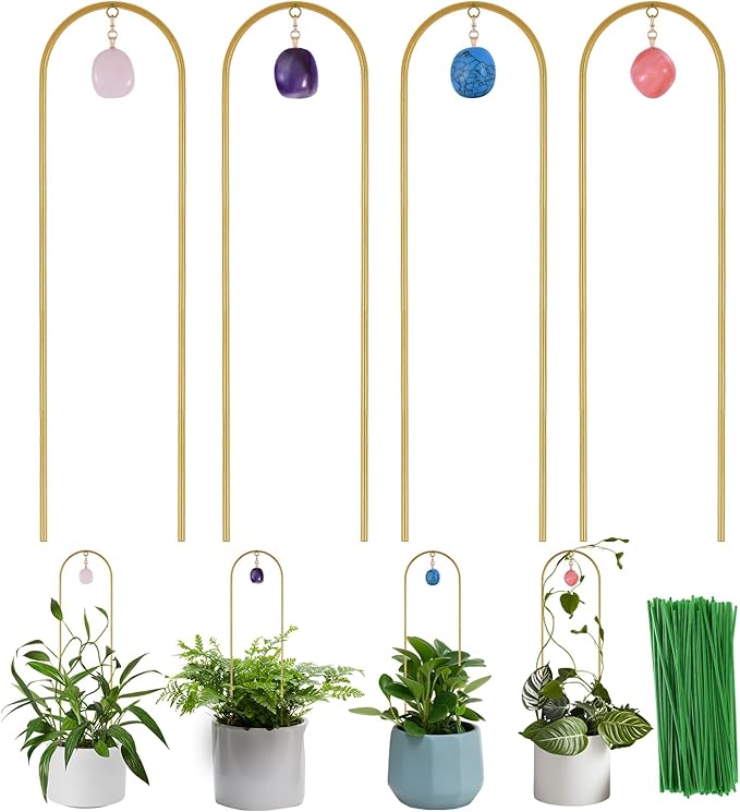 Plant Trellis for Climbing Plants, 15.75 inch Garden Small Metal Arch Glod Trellis for Potted Plants Indoor Outdoor with Natural Stone Decor for Vine Ivy Flower Support 4 Pack