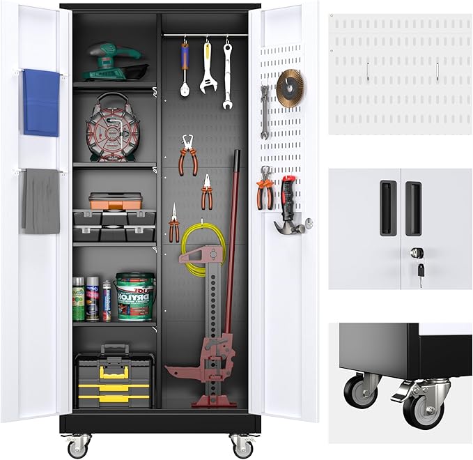 Broom Closet Storage Cabinet with Wheels and Pegboard,Metal Garage Storage Cabinet with Doors and Adjustable Shelves for Garage Home Office,Required Assembly,Black and White