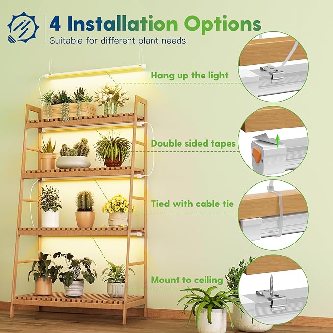 FREELICHT T8 Grow Lights for Indoor Plants, 2FT Full Spectrum, 120W(4 x 30W), 4 Installation Methods, 5000K Linkable LED Grow Light Strips for Plant Shelf Greenhouse Succulent Seeding, 4 Pack