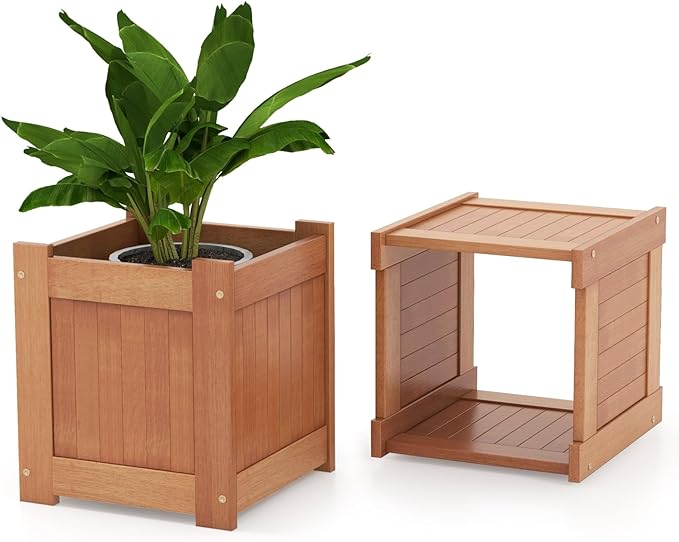 Giantex 3-in-1 Outdoor Bench with Large Raised Beds & 2 Planter Boxes, Wood Raised Garden Bed with Open Base, Weather-Resistant Deep Planter Boxes for Flowers Fruit Vegetable, DIY Assembly