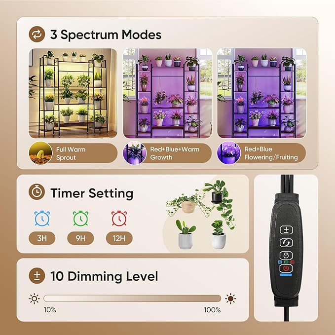 55" Large Plant Stand Indoor with 8 LED Grow Lights (3 Modes & Auto Timer) - 12 Tiered Metal Plant Shelf, 10 Dimmable Brightness Levels, Flower Stand Display Rack for Patio Balcony Garden