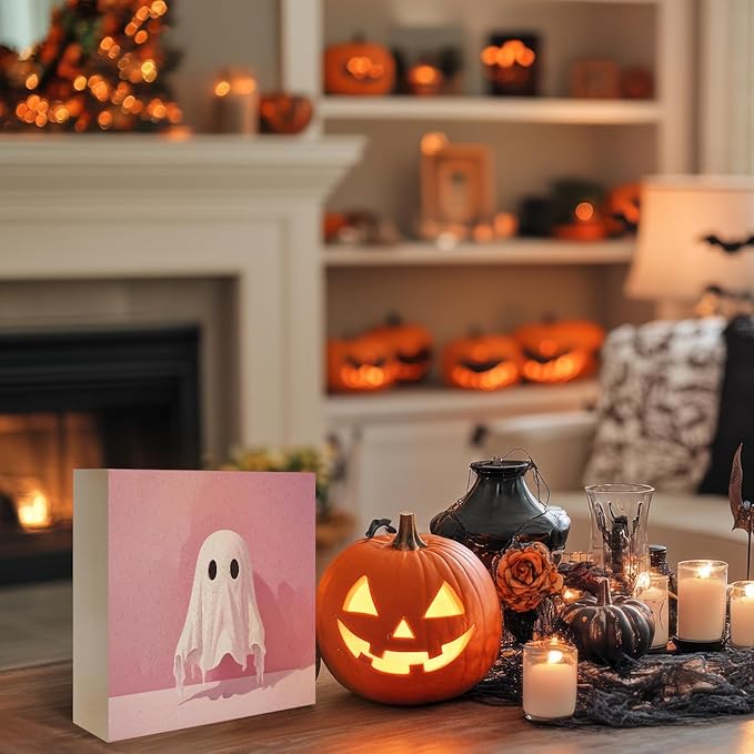 Mtrgdn Cute Halloween Decor,Halloween Decorations Indoor,Pink Ghost Desk Decor Wooden Box Sign,Halloween Home Office Kitchen Bathroom Bedroom Coffee Bar Table Shelf Wall Decorations,5x5 Inch