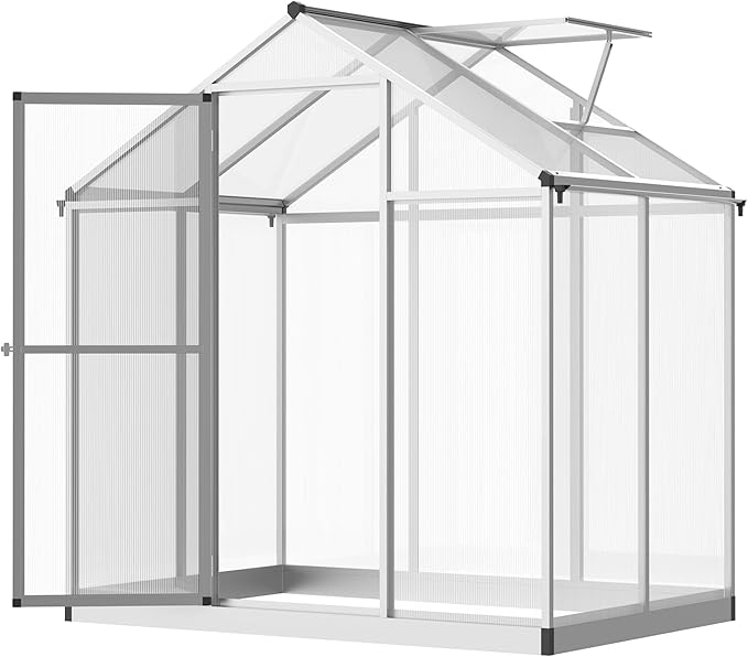 Outsunny 4' x 6' Greenhouse for Outdoors, Polycarbonate Greenhouse with Rain Gutter and Roof Vent, Aluminum Walk-in Green Houses for Outside Patio Backyard Garden