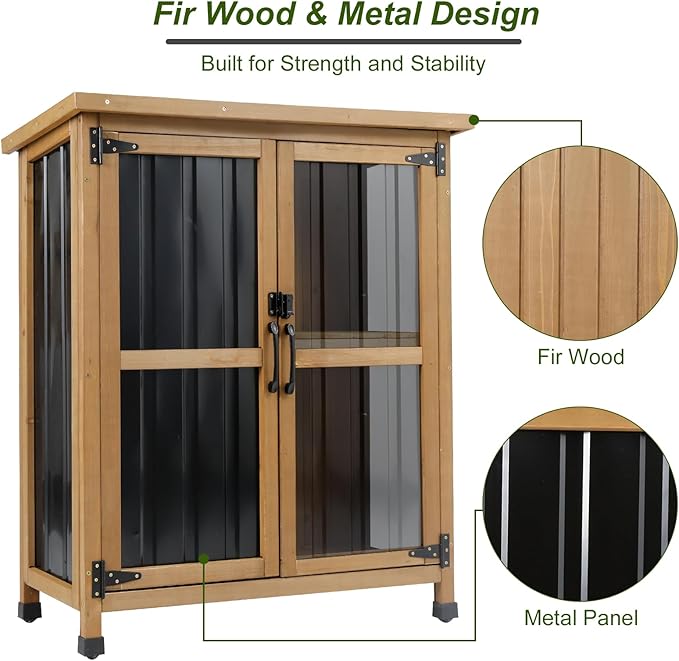 Outdoor Storage Cabinet, Wood & Metal Small Storage Shed with Weather-Resistant Asphalt Roof, Double Lockable Doors & Removable Shelves for Porch, Patio, Garden, Backyard, 32" x 13" x 40"