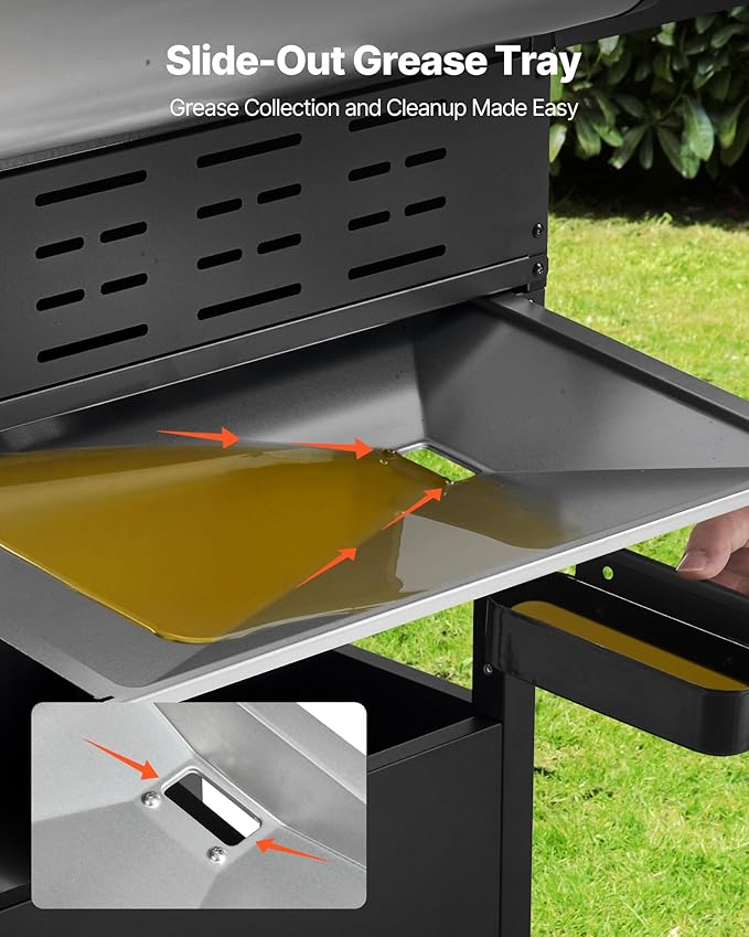 VEVOR Gas Grill, 4 Burner Propane Gas Grill with Side Burner, 425 SQ.In Grilling Area, Carbon Steel Enamel Grates, Outdoor 52,000 BTU Patio Garden BBQ Grills with Two Side Shelves, Stainless Steel