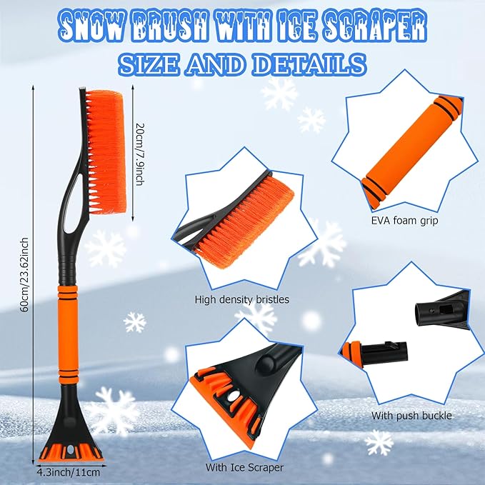 Uiifan 12 Pcs 24" Snow Brush and Ice Scrapers for Car Windshield Windows Detachable No Scratch Scraper for Ice and Snow Removal Winter with Foam Grip Trucks SUVs (Red,Orange,Blue,Green)