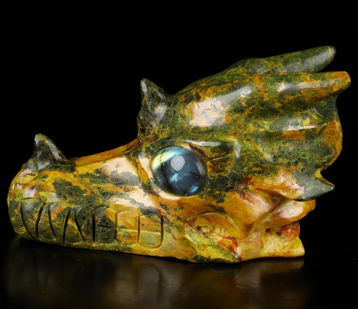 Skullis 5.1" Orpiment Carved Crystal Dragon Skull with Labradorite Eyes. Z8