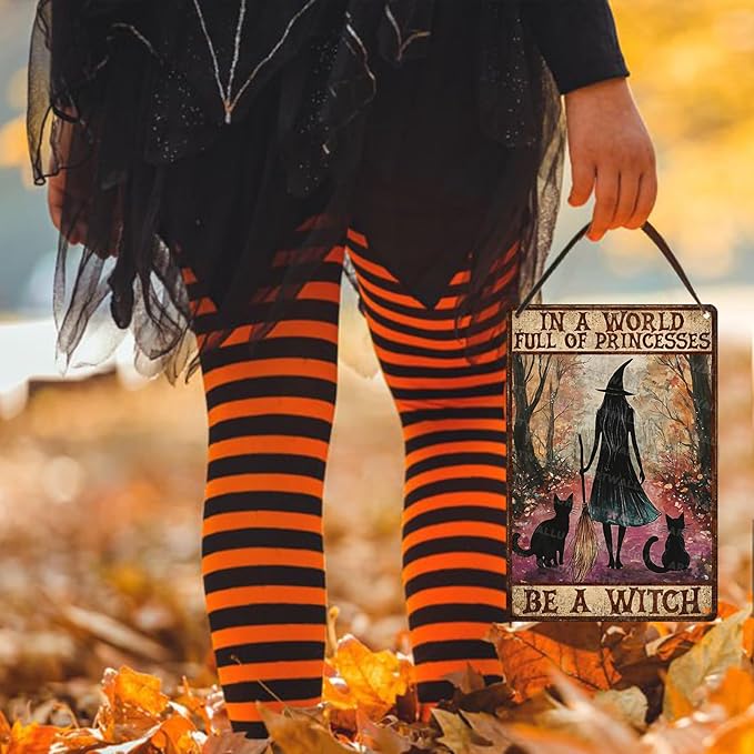 Halloween Witch Girl And Black Cat Vintage Sign In A World Full Of Princesses Be A Witch Halloween Metal Tin Sign for Home Bar Kitchen Hotel Dining Room Coffee 8x12inch