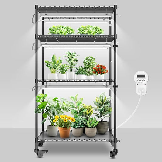 SANSI Plant Stand with Grow Light, 4-Tier 4000K 144W, Full Spectrum Indoor Greenhouse DIY Plant Shelf with T8 Plant Lights Growing Lamp, Flower Pot Stand Display Rack with Wheel Mechanical Timer