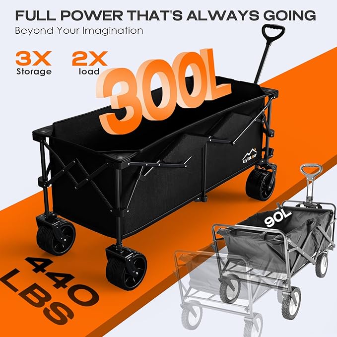 300L Extra Large Collapsible Foldable Wagon, 440lbs Load Capacity 48''L Extended Heavy Duty Folding Beach Wagon with Big All-Terrain Wheels, Utility Garden Cart for Outdoor Activities, Black