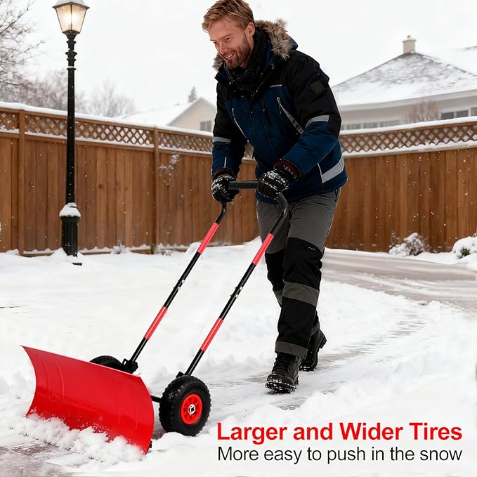 29" snow shovel with wider wheels,efficient snow removal tool,snow plow with adjustable handle and angled blade,snow pusher for doorway sidewalk,ergonomic double rod handle design with reflective tape