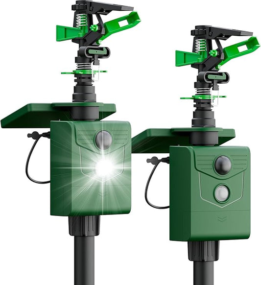 2 Packs Motion Activated Animal Repeller with Water Sprinkler, Solar Powered Deer Repellent Devices, IP65 Waterproof Cat Repellent Outdoor with Flashing Light, Deter Foxes Skunks Raccoons from Garden