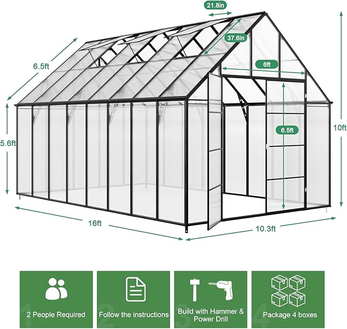 Outdoor Polycarbonate Greenhouse Kit,16x10x10 FT Large Outsides Aluminum Frame Heavy Duty Green House with Transparent Panels Windows Door for Backyard Garden,Walk in Plant Greenhouses,Black Frame