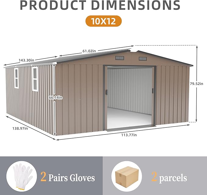 10x12 FT Outdoor Storage Shed, Large Metal Garden Shed with 2 Windows, Outside Tool Sheds with Lockable Sliding Doors, Waterproof Storage Building with 4 Air Vents for Backyard, Patio, Lawn, Brown