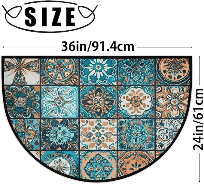 cfpolar Non-Slip Soft Half Round Door Mat, Retro Tribal Plaid Semicircle Mat for Indoor Entrance Garage Bath Living Room Patio 24 x 36 in