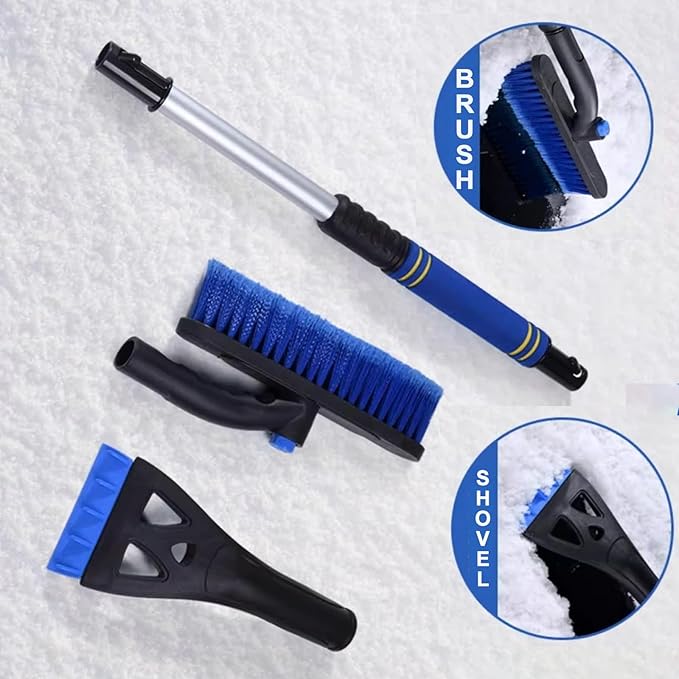 Snow Brush and Ice Scraper for Car - 360° Rotatable Head, Extendable Foldable Handle, Blue Soft Bristles Protect Paint (Cars, Trucks, SUVs)