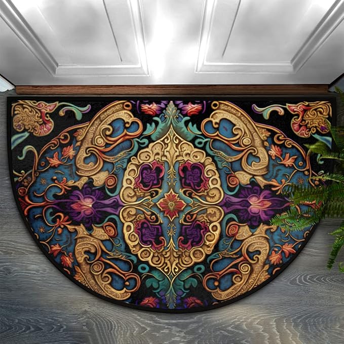 cfpolar Ethnic Half Round Door Mat, Vintage European Style Semicircle Welcome Mat, Non Slip Area Rug Soft Doormat for Front Door Indoor Entrance Wear Resistant for Garage Patio Home 24 x 36 in