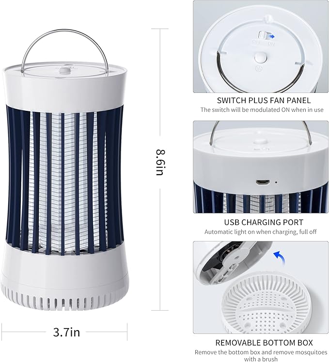 2-in-1 Indoor Electric Bug Zapper with Fan, Chargeable 1500V High Voltage Mosquitoes Killer with Hanger, Small Fly Insects Lamp Trap Catching Moth Gnat Fruit Flies, White