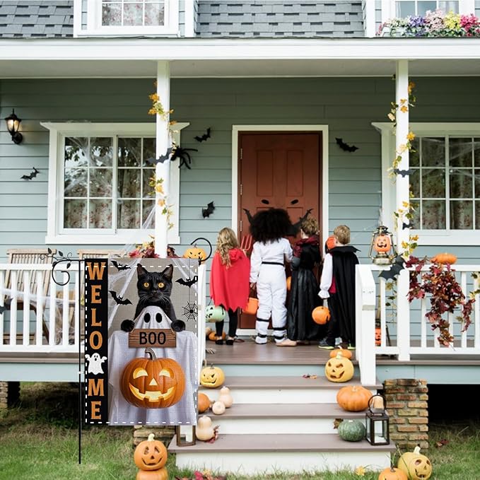 Fokongna Halloween Black Cat Welcome Flags, Interesting Halloween Decor Pumpkin Bat Cat Boo Garden Flag, 12x18 Inch Burlap Vertical Double Sided Flags, for Home Yard Outside Decorations