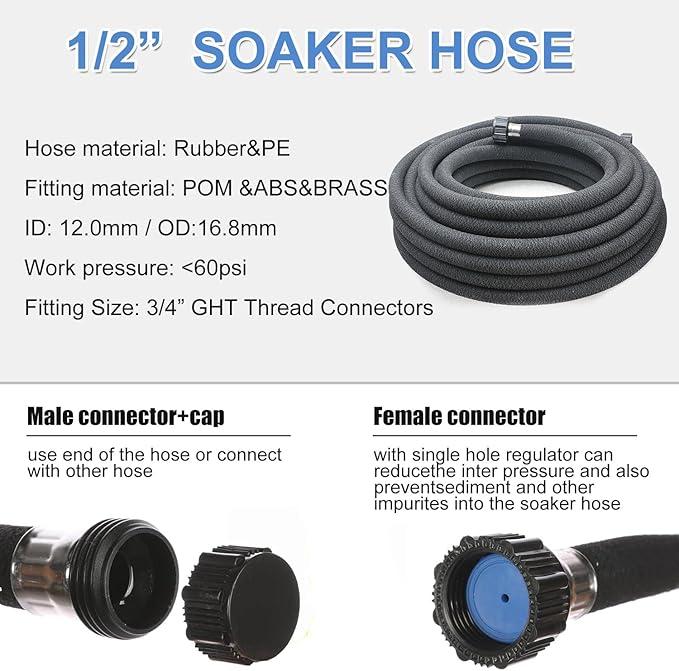 Taisia 1/2’’ Soaker Hose 15 FT Water Drip Garden Hose Drip Irrigation Hose Saves 70％Water Heavy Duty Rubber Round Soaker Hose for Garden, Lawn