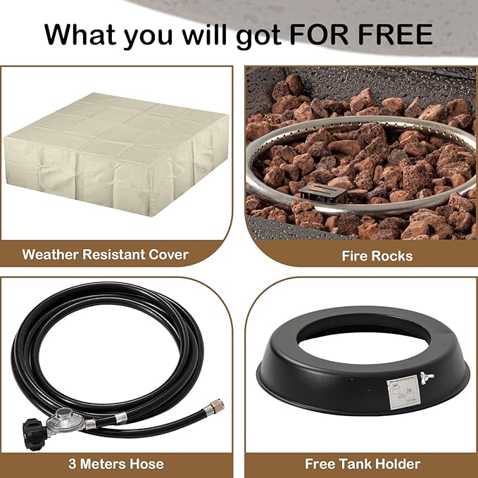 SUNBURY Outdoor Propane Gas Fire Pit Table, 35 Inch Square Outdoor Firepit Table, 50000 BTU Fire Table for Patio Set, Brown