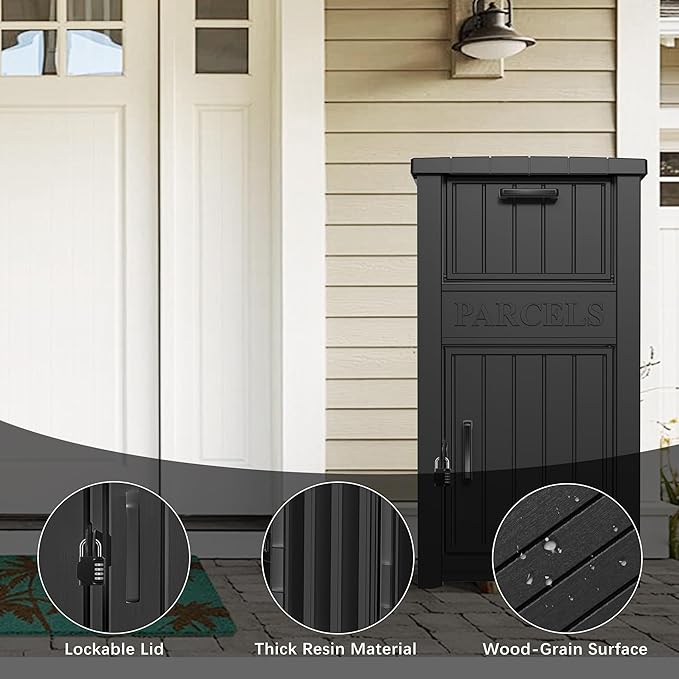 Outdoor Package Delivery Box for Outside -Lockable Anti-Theft Parcel Drop Box Deck Box & Porch Storage Box, Package Drop Box for Outside Deliveries, Curbside Outdoor Storage Box Black