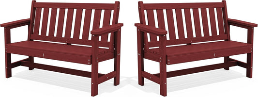 SERWALL Outdoor Bench, HDPE Outdoor Benches Weatherproof, 2-Person Garden Bench with 660 lbs Weight Capacity, Patio Benches for Outdoors, Garden, Porch, Backyard and Park, Red, 2 Pack