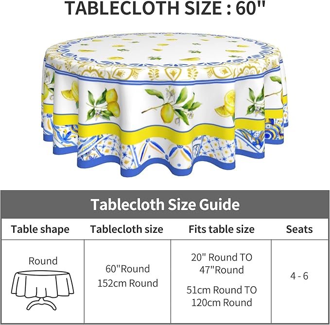Giwawa Decorative Lemon Round Tablecloth Waterproof Table Cloth Wrinkle Free Tablecloths for Parties Wedding & Holiday Kitchen Dinner(60 Inch Round)