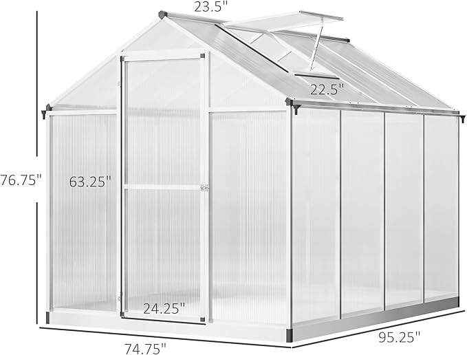 Outsunny 8' x 6' Greenhouse for Outdoors, Polycarbonate Greenhouse with Rain Gutter and Roof Vent, Aluminum Walk-in Green Houses for Outside Patio Backyard Garden