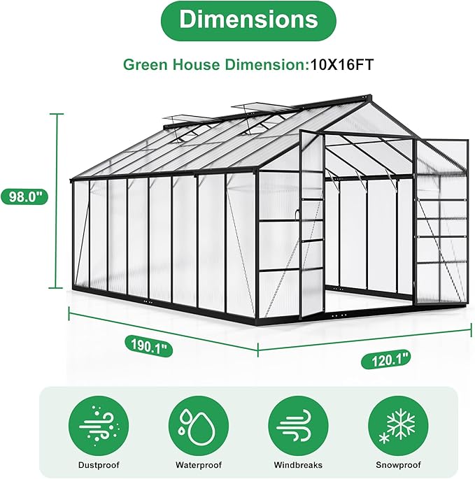 WKM 10x16 FT Greenhouse for Outdoors, Polycarbonate Greenhouse with Roof Vent and Quick Setup Structure, Enhanced Aluminum Greenhouse for Garden Backyard, Black