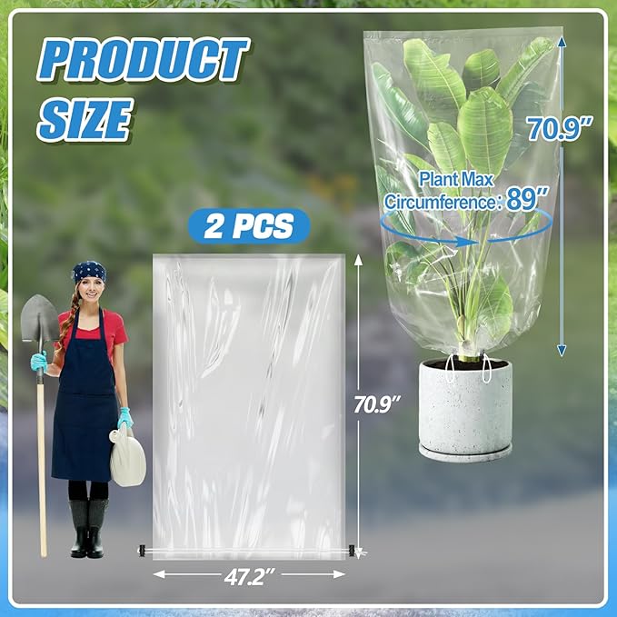 2 Pcs Large Winter Plant Cover Freeze Protection - 47.2" x 70.8" Plastic Plant Frost Bags with Drawstring, Transparent Waterproof Plant Shelter Coverings for Outdoors Garden Plants Shrubs Fruit Trees