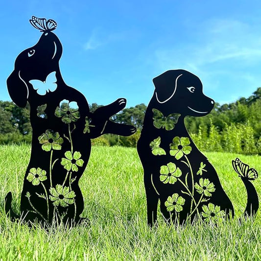 Dog Garden Decor for Outside, 17" Puppy Metal Decorative Garden Stakes, Rust Proof & Weather-Resistant Yard Art Gifts for Dog Lovers, Black Labrador Silhouette Yard Decorations Outdoor Décor