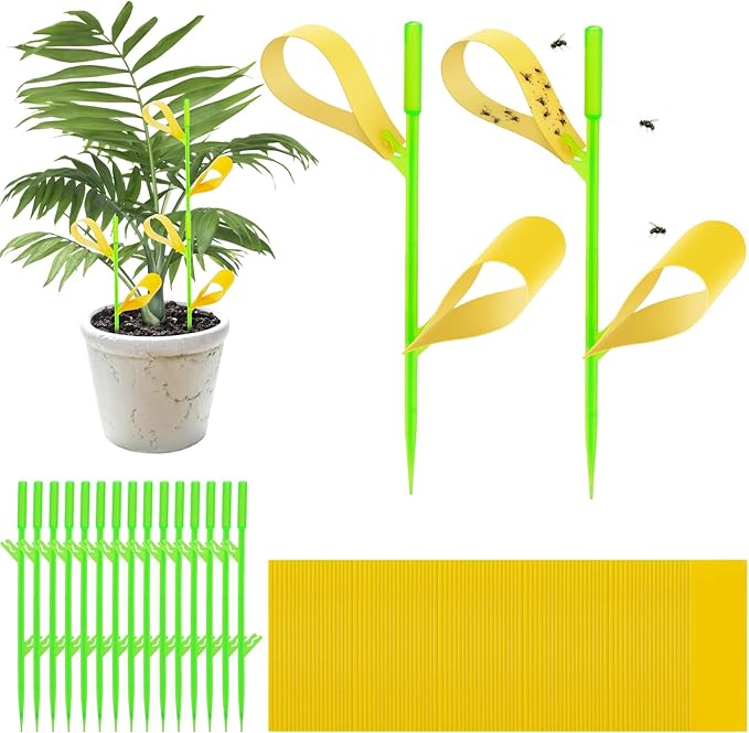 Gnat Sticky Traps for Plants, 100PCS Yellow Sticky Traps for Plant Gnats Indoor and Outdoor White-Flies Mosquitoes Killer, 15PCS Stakes Holder Included