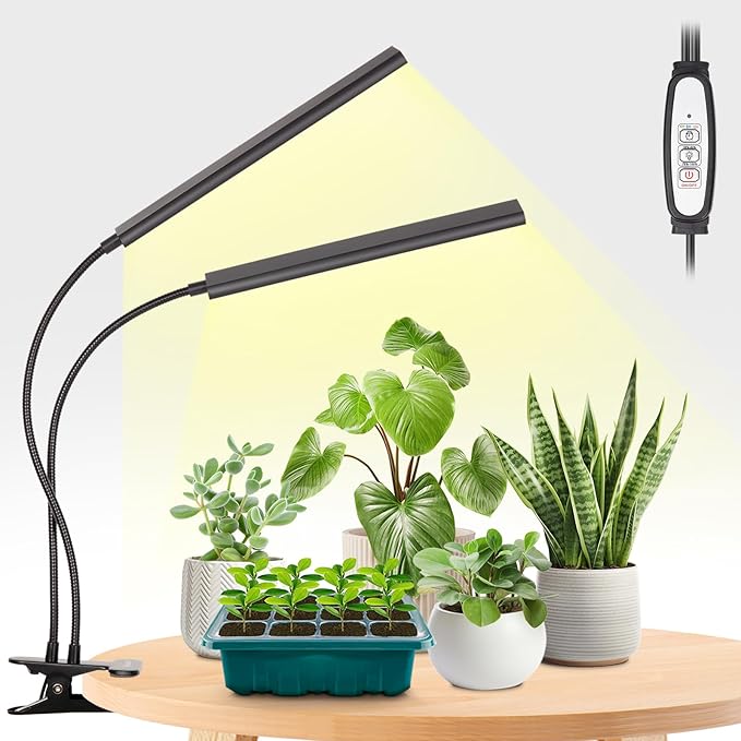 FOXGARDEN Grow Light Full Spectrum, Dual Head Plant Lights for Indoor Growing with Flexible Gooseneck, 104 LEDs Clip Grow Lamp with 4/8/12H Timer, 4 Brightness Levels, Ideal for Indoor Growth