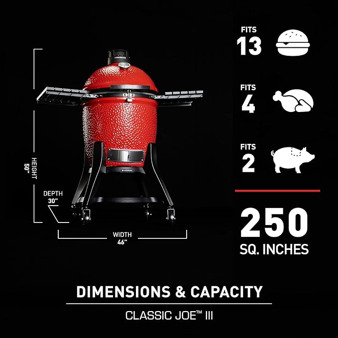 Kamado Joe® Classic Joe™ Series III 18-inch Charcoal Grill & Smoker, Red, with Cart, Side Shelves, Grill Gripper, and Ash Tool, 3 Tier Cooking System, Stainless Steel Cooking Grates, Model KJ15040921