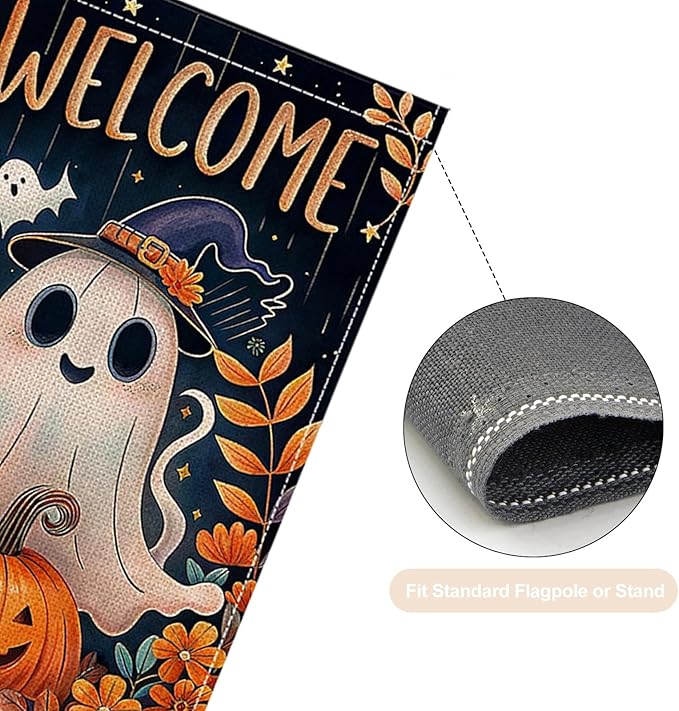 Halloween Garden Flag 12 x 18 Inch Double Sided Ghost Pumpkin Designs Fall Autumn Burlap Yard Flag for Outside Rustic Yard Outdoor Holiday Home Decoration