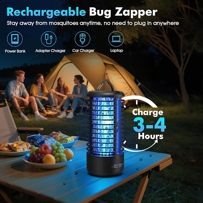 Rechargeable Bug Zapper, Portable Electric Mosquito Killer for Indoor & Outdoor Fly Trap for Camping, Patio, Garden, Kitchen, and Porch(2 Pack, Black)