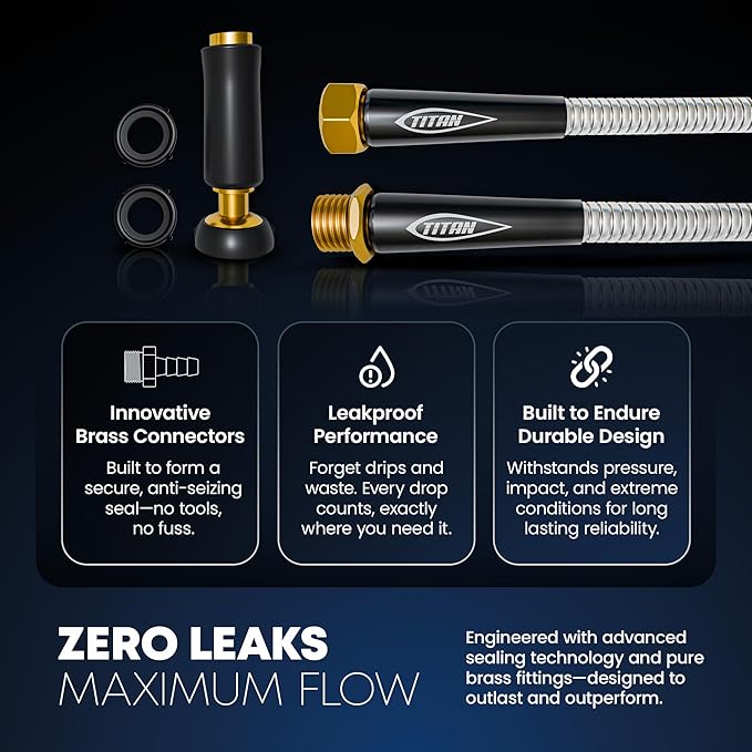 TITAN Garden Hose 50FT - 304 Stainless Steel Metal Water Hose, Flexible, Kink-Free, Lightweight, Durable, Crush Resistant Fittings, Easy to Coil, 500 PSI