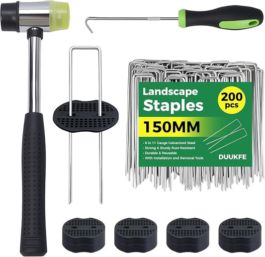 200Pcs Landscape Staples 6 Inch+200Pcs Gasket+Pick Hook+Rubber Mallet, Garden Stakes Staples 11 Gauge U Shaped Galvanized Landscape Pins Yard Ground Pin for Weed Barrier Sod Fabric Decoration