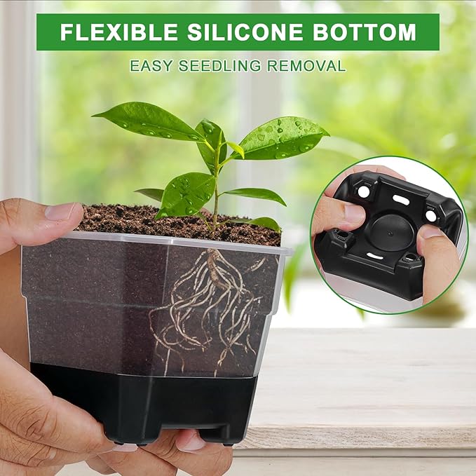 Aobiono 10 Packs 4 Inch Clear Nursery Pots with Reinforced Silicone Base for Easy Transplant, Reusable Seed Starter Seedling Small Plant Flower Pots with Drainage (Black, 10 Packs)