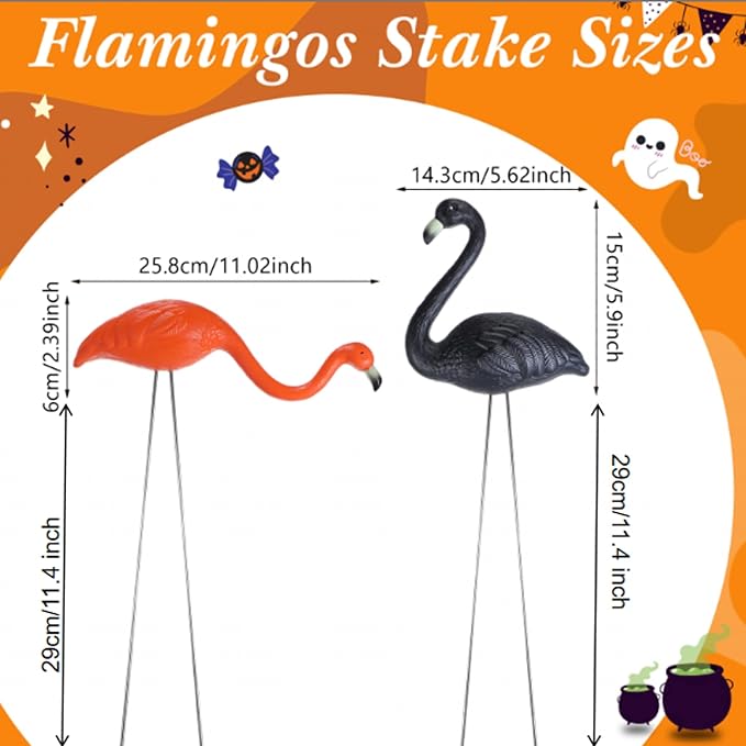 Geelin 12 Pcs Halloween Skeletons Flamingo Yard Decorations Skeleton Black Orange Flamingo Stakes for Halloween Lawn Garden Outdoor Party Decorations