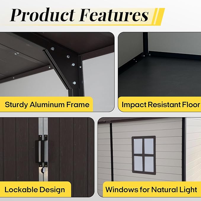 8x14 FT Resin Storage Sheds Outdoor with Floor Included, Plastic Sheds & Outdoor Storage Clearance with 2 Windows and Lockable Door, Backyard Storage Sheds for Garden Tools, Brown+White