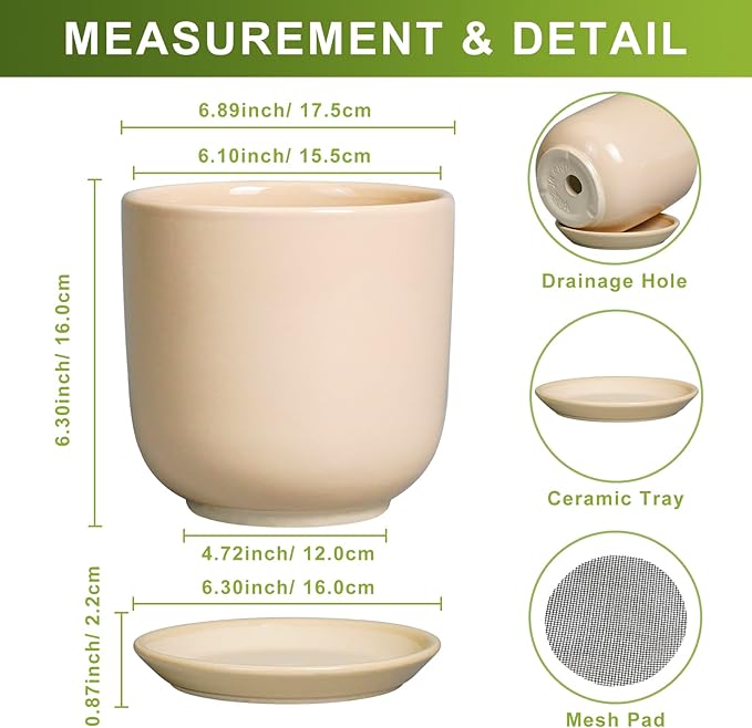 Ceramic Plant Pot - 7 Inch Mid Century Round Ceramic Planter for Indoor Plants with Drainage Hole and Saucer, Modern Home Decor, Yellow