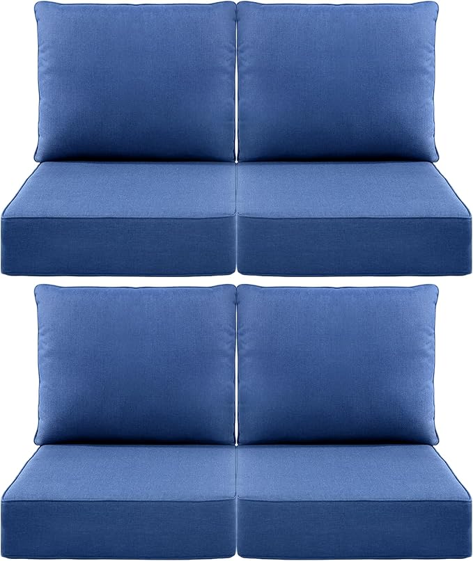 Luxury 6" Outdoor Cushions for Patio Furniture, 24x24x6 Thick Seat Cushion Set of 4, Fade Resistant Couch Chair Replacement Cushions High Density Deep Wicker Chair Cushion w/Removable Cover, Blue