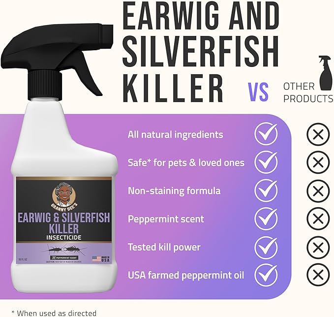 Granny Dee’s Silverfish Killer Indoor & Outdoor (Made in USA) - Kills Pests in 24 Hrs - Plant-Based Bug Killer with Peppermint Oil - Safe for Pets & Kids - Targets Earwigs, Ants, Insect, Fly & Spider